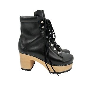 Swedish Hasbeens Black Leather Hiking Clog Boots Wood Platform Heel Womens 38